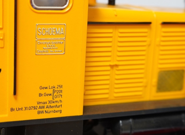 A boxed Lehman LGB (2067) G scale railway Schoema diesel rail cleaning locomotive, 2067, in yellow livery. Condition - good, some evidence of running wear.